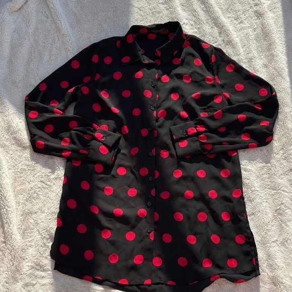 Suzy Shier Black Red Polka Dot Tunic Top Size M | Retro Y2K Button Down Blouse - Picture 1 of 7
